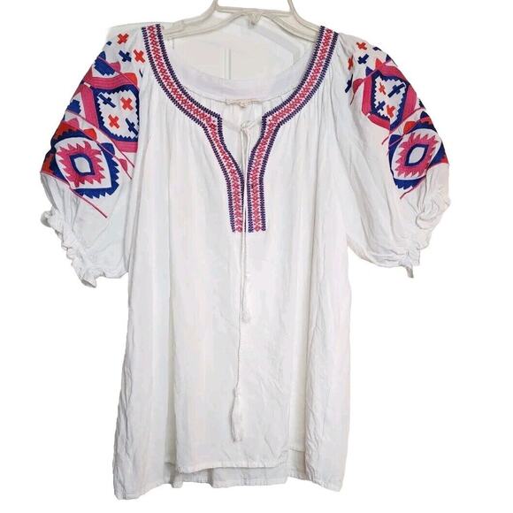 Solitaire Tops - Solitaire With Beautiful Embroidery White Boho Top Size Large Peasant Colorful